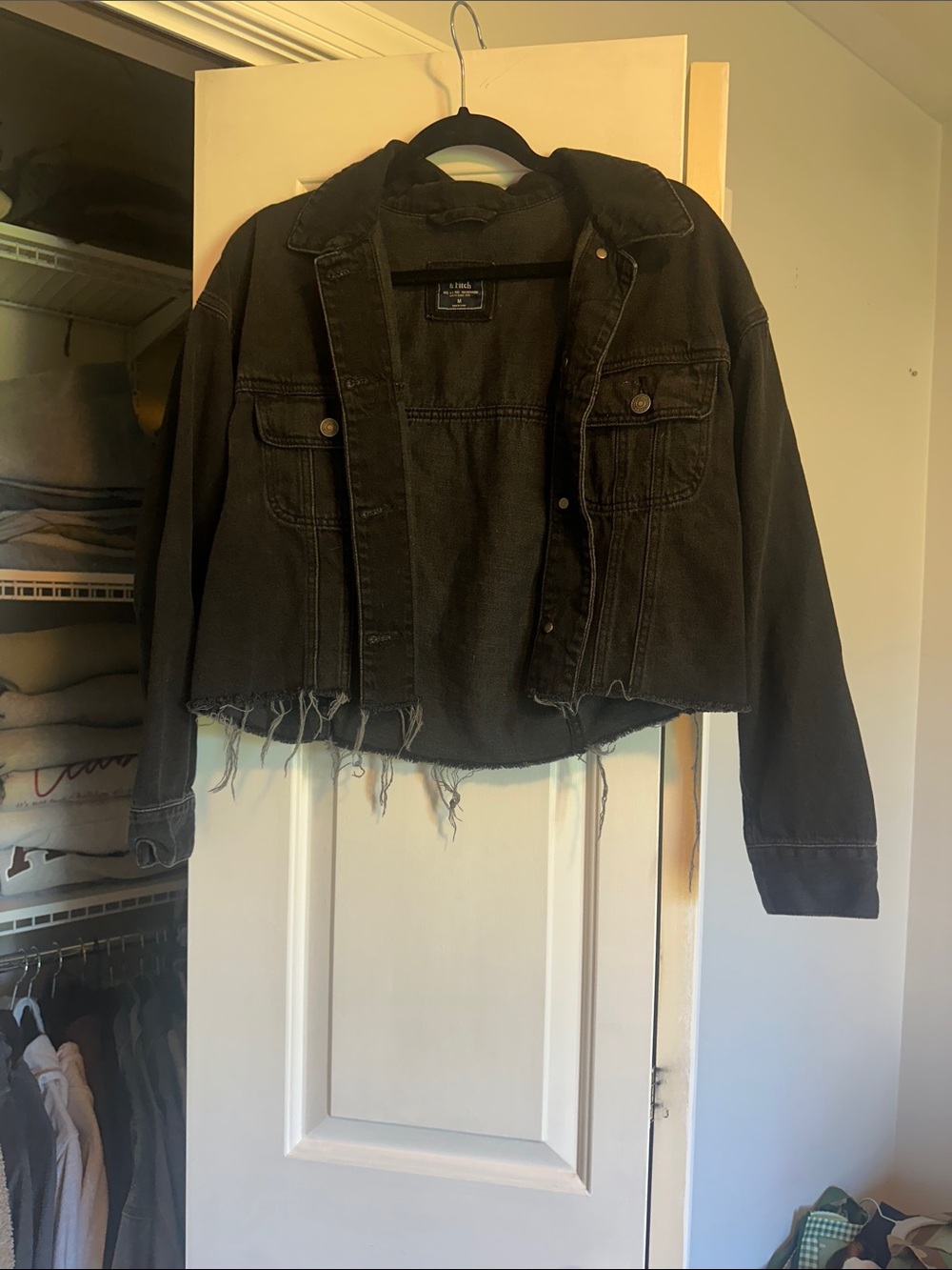Abercrombie and Fitch Cropped Distressed Black Denim Jacket